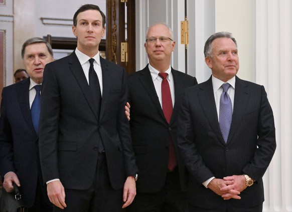 epa12565024 Russian Presidential Aide Yury Ushakov (L), Trump's son-in-law Jared Kushner (2-L), US Presidential Envoy Steve Witkoff (R), and Kirill Dmitriev (2-R), CEO of the Russian Direct Inves ...