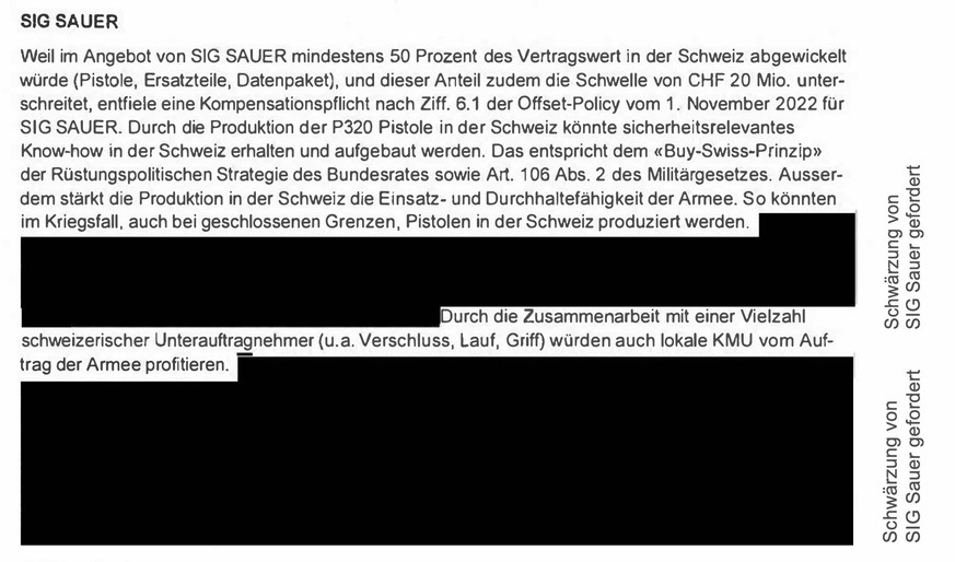 Auszug aus dem Evaluationsbericht von Armasuisse (Dezember 2025), auf Antrag von SIG Sauer in grossen Teilen geschwärzt.