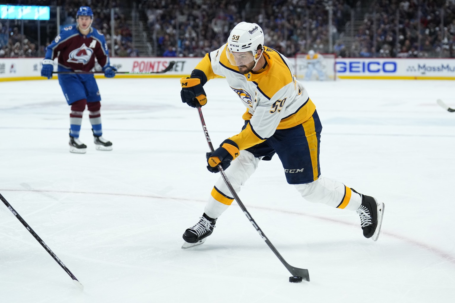 Nashville Predators defenseman Roman Josi (59) shoots on goal against the Colorado Avalanche during the first period in Game 2 of an NHL hockey Stanley Cup first-round playoff series Thursday, May 5,  ...