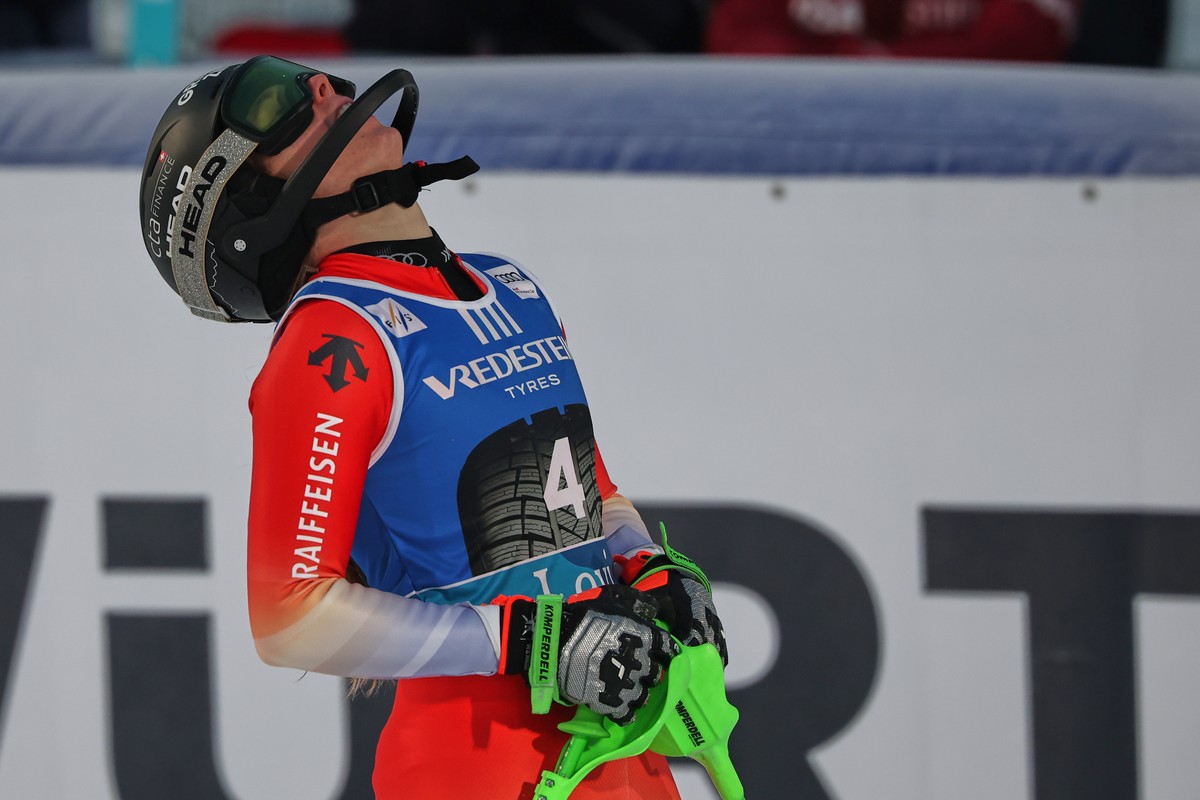Switzerland's Camille Rast reacts after completing an alpine ski, women's World Cup slalom, in Levi, Finland, Saturday, Nov. 15, 2025. (AP Photo/Marco Trovati)
Finland Alpine Skiing World Cu ...