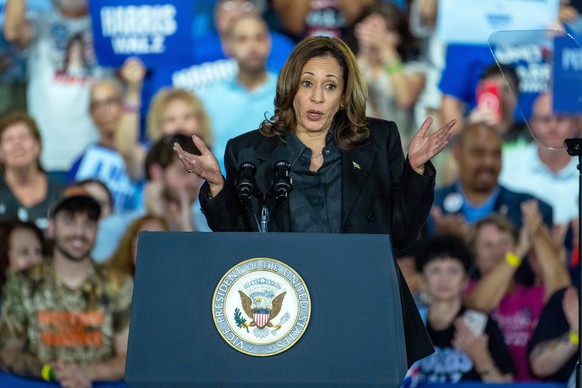 epa11603094 Democratic presidential candidate US Vice President Kamala Harris speaks during a campaign rally at McHale Hall at Wilkes University, in Wilkes-Barre, Pennsylvania, USA, 13 September 2024. ...