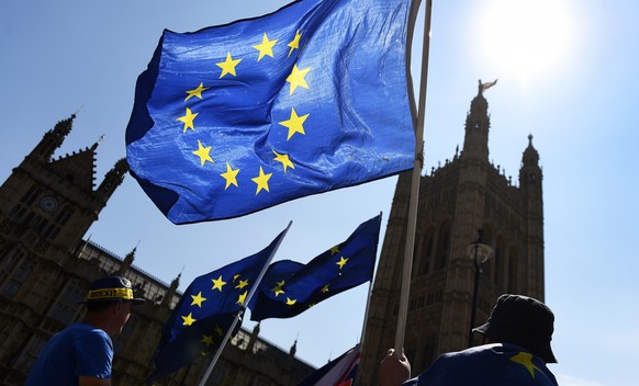 epa06860696 Anti-Brexit protesters demonstrate outside parliament in London, Britain, 03 July 2018. Cabinet ministers are set to meet for crunch talks at Chequers on Friday 06 July to discuss a &#039; ...