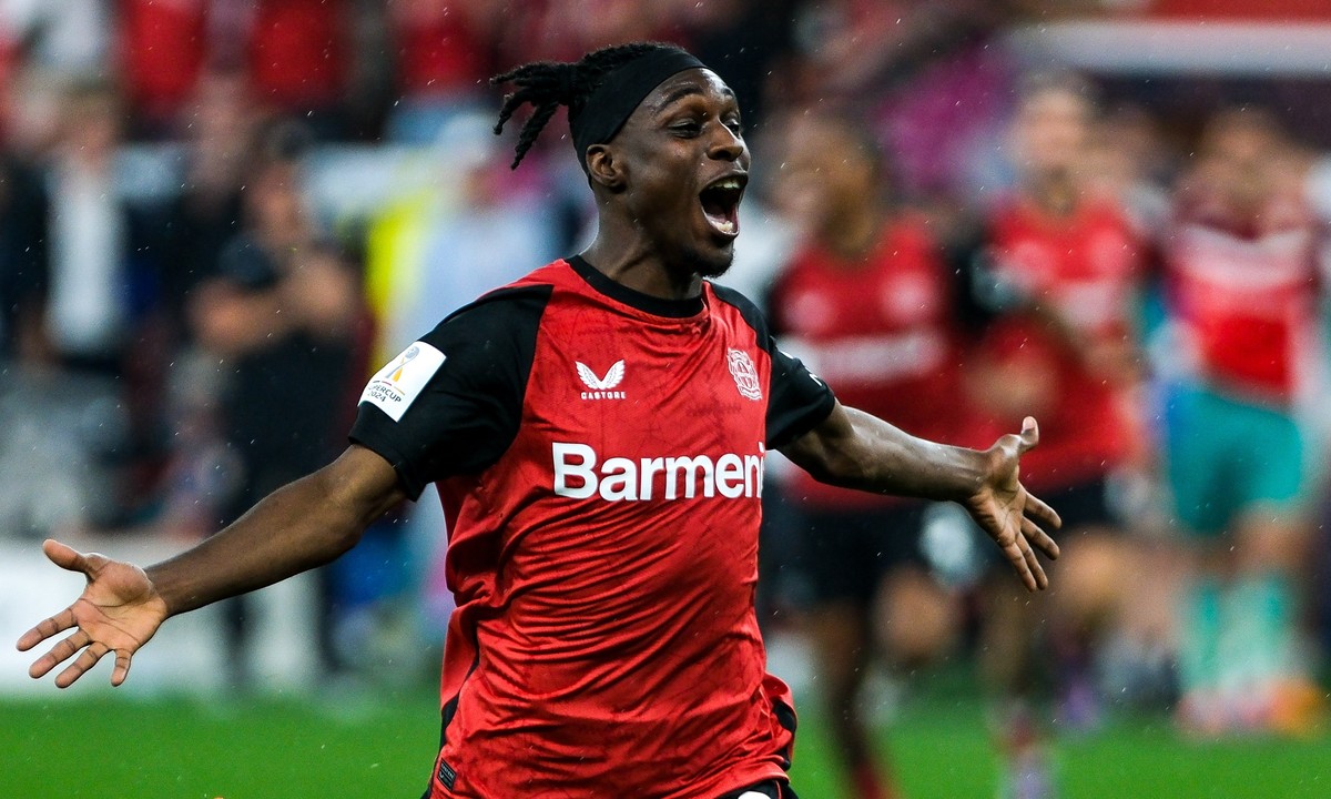 epa11553600 Leverkusen?s Jeremie Frimpong Jeremie Frimpong celebrates after winning the German Super Cup soccer match between Bayer 04 Leverkusen and VfB Stuttgart in Leverkusen, Germany, 17 August 20 ...