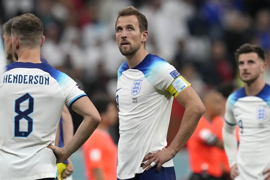 England&#039;s Harry Kane reacts after the World Cup quarterfinal soccer match between England and France, at the Al Bayt Stadium in Al Khor, Qatar, Sunday, Dec. 11, 2022. (AP Photo/Frank Augstein)