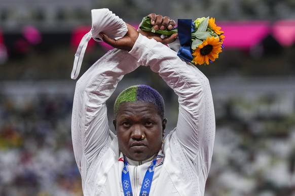 Raven Saunders, of the United States, poses with her silver medal on women&#039;s shot put at the 2020 Summer Olympics, Sunday, Aug. 1, 2021, in Tokyo, Japan. (AP Photo/Francisco Seco)
Raven Saunders