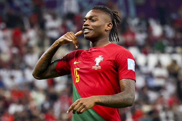 epa10352991 Rafael Leao of Portugal celebrates after scoring during the FIFA World Cup 2022 round of 16 soccer match between Portugal and Switzerland at Lusail Stadium in Lusail, Qatar, 06 December 20 ...