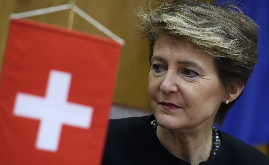 epa06475120 Swiss Federal Councilor Simonetta Sommaruga speaks during a press conference in Sofia, Bulgaria, 26 January 2018. Swiss Federal Councilor Simonetta Sommaruga is on a two day working visit  ...