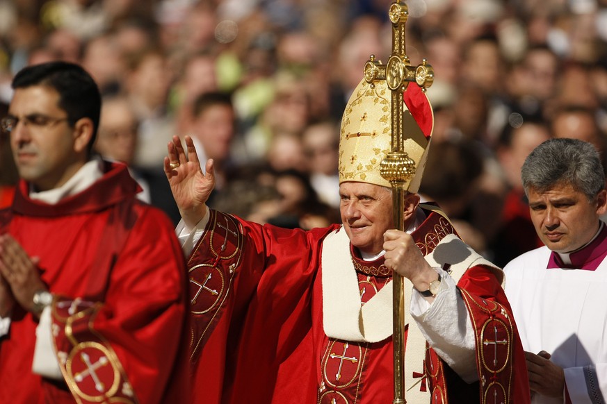 FILE - Pope Benedict XVI arrives for his Papal Mass, Thursday, April 17, 2008, at Washington Nationals baseball Park in Washington. In the the United States, admirers of Pope Emeritus Benedict XVI rem ...