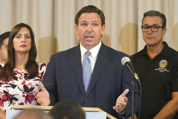 Florida Governor Ron DeSantis answers questions related to school openings and the wearing of masks, Tuesday, Aug. 10, 2021, in Surfside, Fla. (AP Photo/Marta Lavandier)
Ron DeSantis