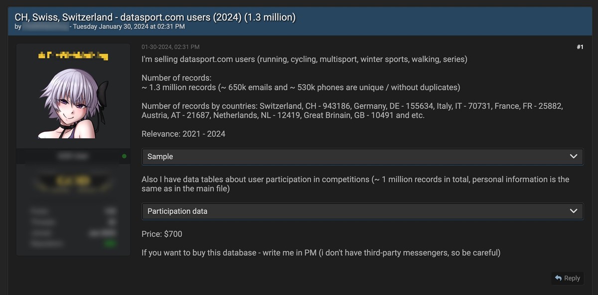 Screenshot zum Hackerangriff auf Datasport. Unbekannte bieten 1,3 Millionen Datensätze in einem Hackerforum zum Kauf an.