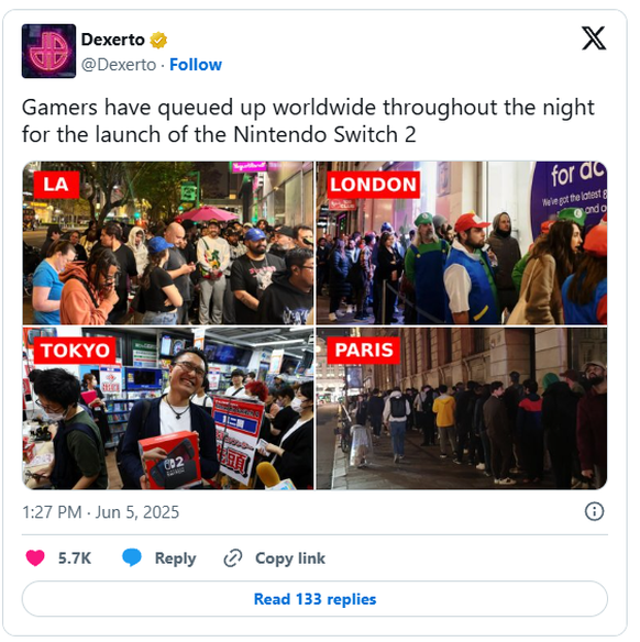 Bilder des Switch-2-Verkaufsstarts aus Los Angeles, London, Tokio und Paris.
