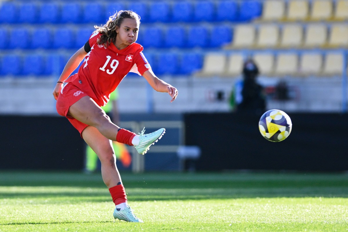 Switzerland's Iman Beney scores her side's second goal during a Women's World Cup qualifying semifinal playoff first leg soccer match between Israel and Switzerland, in Mezokovesd, Hung ...