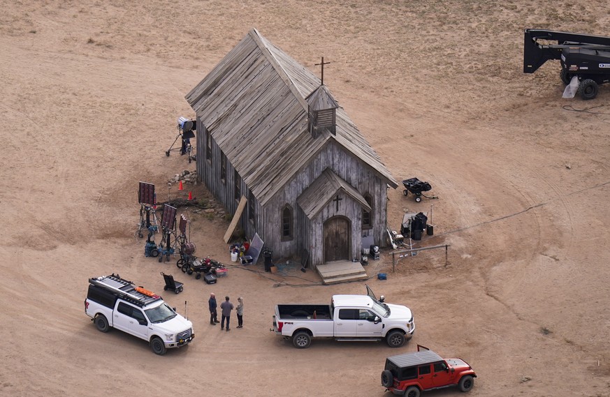 This aerial photo shows the Bonanza Creek Ranch in Santa Fe, N.M., Saturday, Oct. 23, 2021. Actor Alec Baldwin fired a prop gun on the set of a Western being filmed at the ranch on Thursday, Oct. 21,  ...