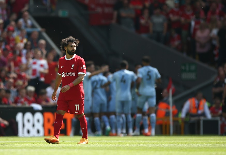 epa10640936 Mohamed Salah of Liverpool reacts during the English Premier League match between Liverpool FC and Aston Villa in Liverpool, Britain, 20 May 2023. EPA/ADAM VAUGHAN EDITORIAL USE ONLY. No u ...