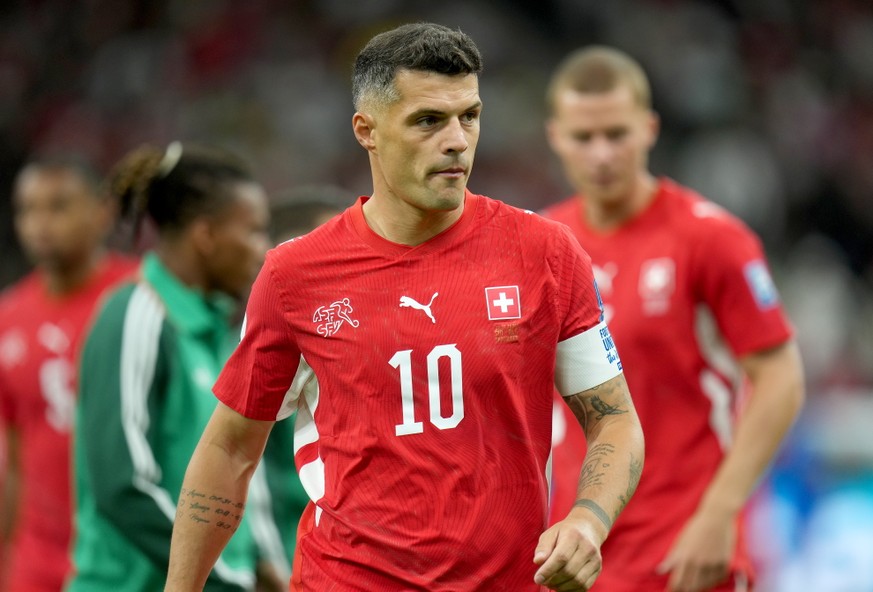 epa13082160 Switzerland's team captain Granit Xhaka looks on before the FIFA World Cup 2026 Round of 32 match Switzerland against Algeria, in Vancouver, Canada, 03 July 2026. EPA/BOB FRID