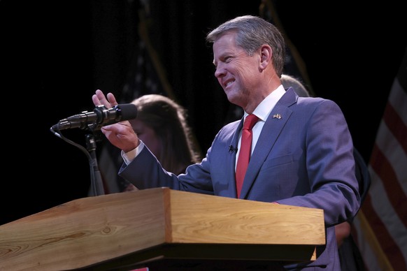 Georgia Republican gubernatorial candidate Gov. Brian Kemp, delivers his acceptance speech at his election night party after defeating Stacey Abrams Tuesday, Nov. 8, 2022, in Atlanta. (AP Photo/Akili- ...