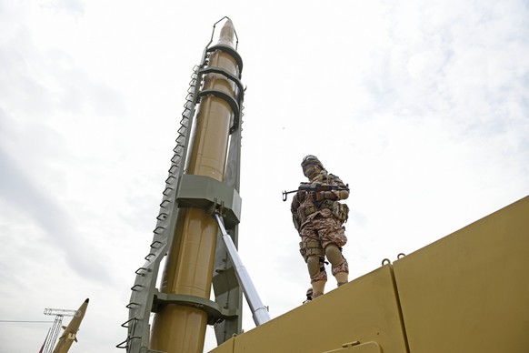 Iran: Quds Day Rallies A member of the Revolutionary Guard stands in front of Shahab-3 missile which is displayed during the annual pro-Palestinian Al-Quds, or Jerusalem, Day rally in Tehran, Iran, Fr ...