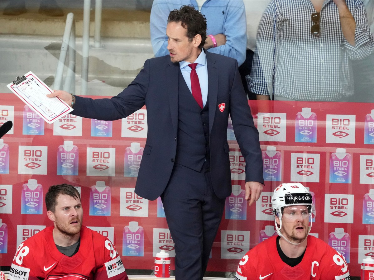 FILE -Head coach Patrick Fischer of Switzerland reacts during the group B match between Latvia and Switzerland at the ice hockey world championship in Riga, Latvia, May 23, 2023. (AP Photo/Roman Koksa ...