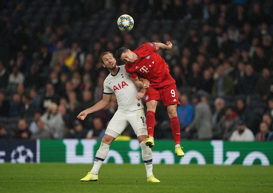 Mandatory Credit: Photo by Jed Leicester/BPI/Shutterstock 10430541ch Robert Lewandowski of Bayern Munich wins the header ahead of Harry Kane of Tottenham Hotspur Tottenham Hotspur v Bayern Munich, UEF ...