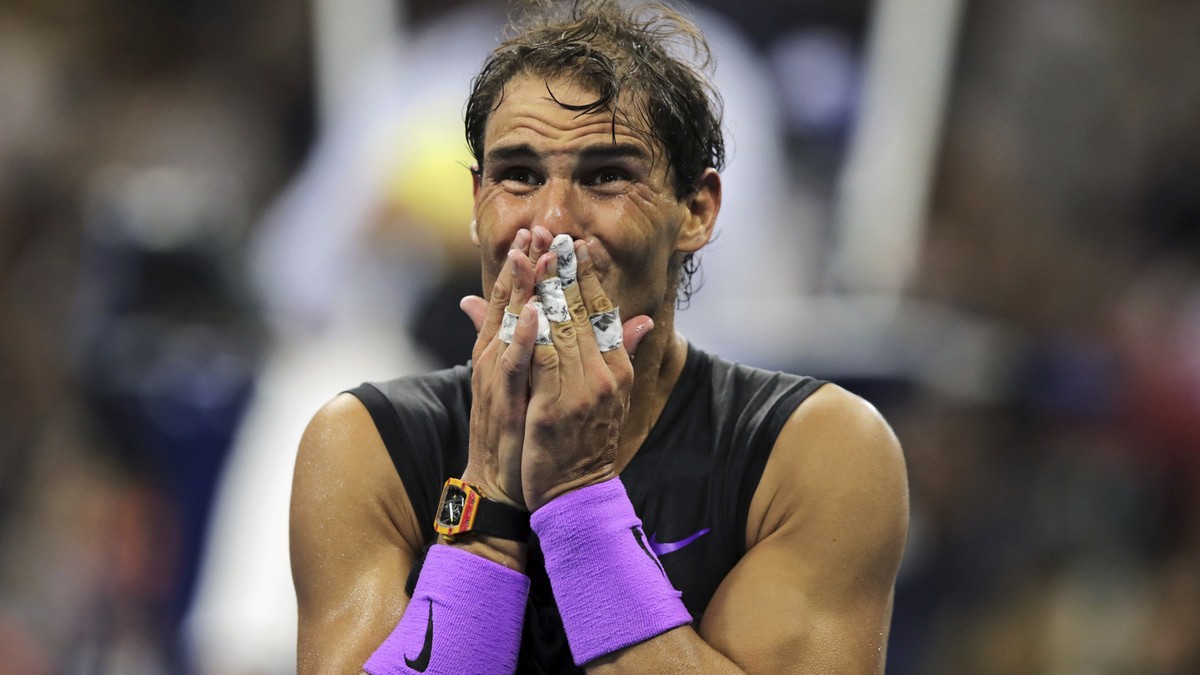 Rafael Nadal, of Spain, reacts after defeating Daniil Medvedev, of Russia, to win the men's singles final of the U.S. Open tennis championships Sunday, Sept. 8, 2019, in New York. (AP Photo/Charl ...