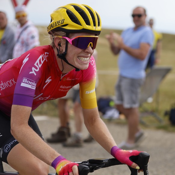 Demi Vollering, SDV team, rides in Le Markstein Fellering, eastern France, Saturday, July 30, 2022, during the 7th stage of the Tour de France women&#039;s cycling race over 127.5 kms from Selestat to ...