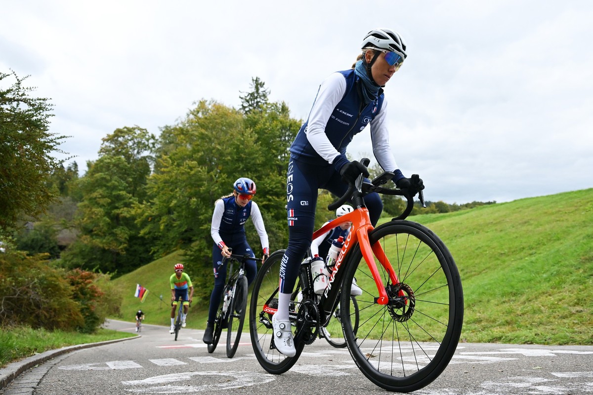 ZURICH, SWITZERLAND - SEPTEMBER 27: Pauline Ferrand Prevot of France during a training session on day 7 of the 97th UCI Cycling World Championships Zurich 2024 one day race from Uster to Zurich on Sep ...