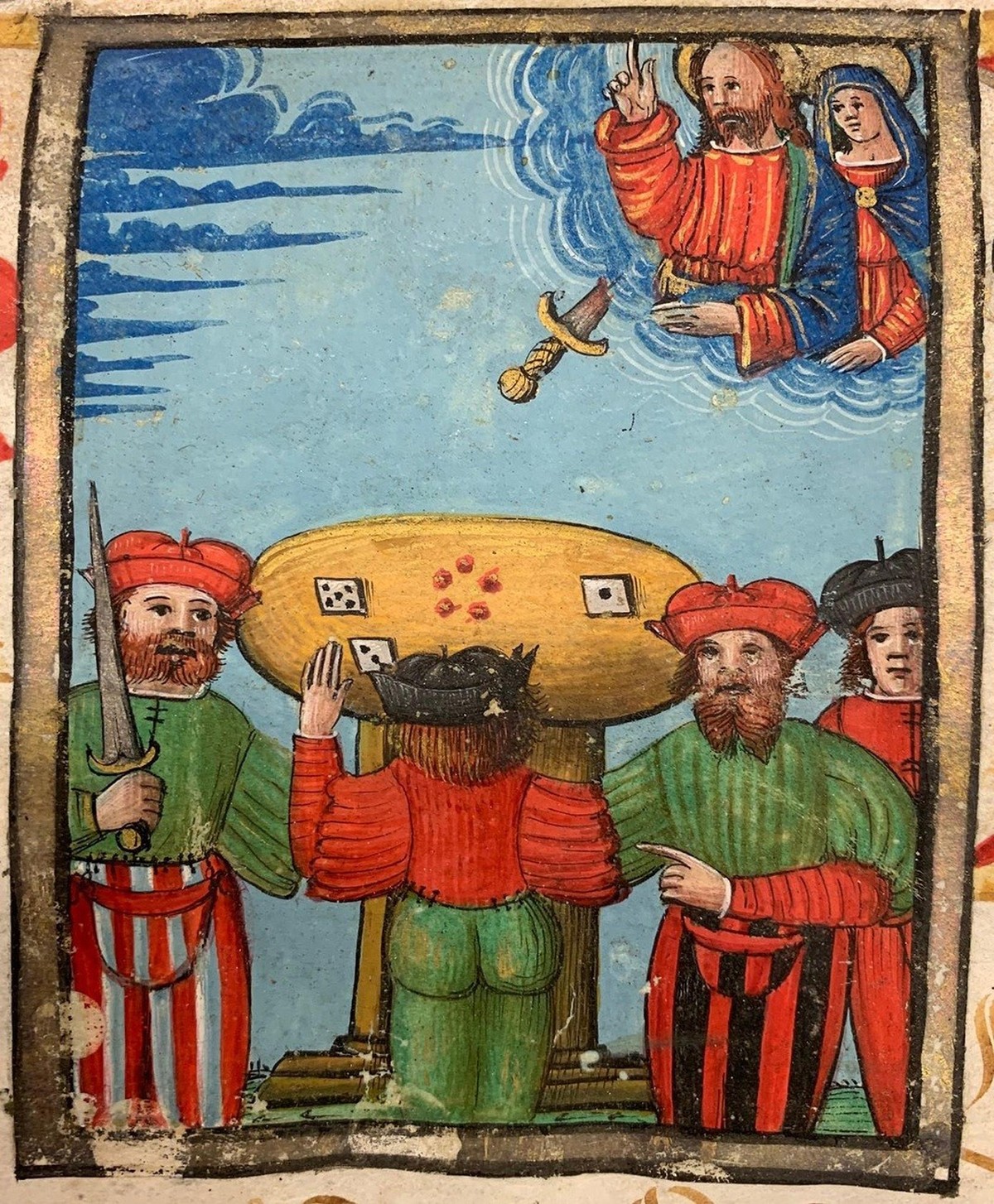 Das Heiligblutwunder von Willisau: Illustration auf dem Ablassbrief für die Heiligblutkapelle in Willisau von 1498. Drei Spieler stehen um einen Spieltisch mit Würfeln. Der mittlere hat mit seiner lin ...