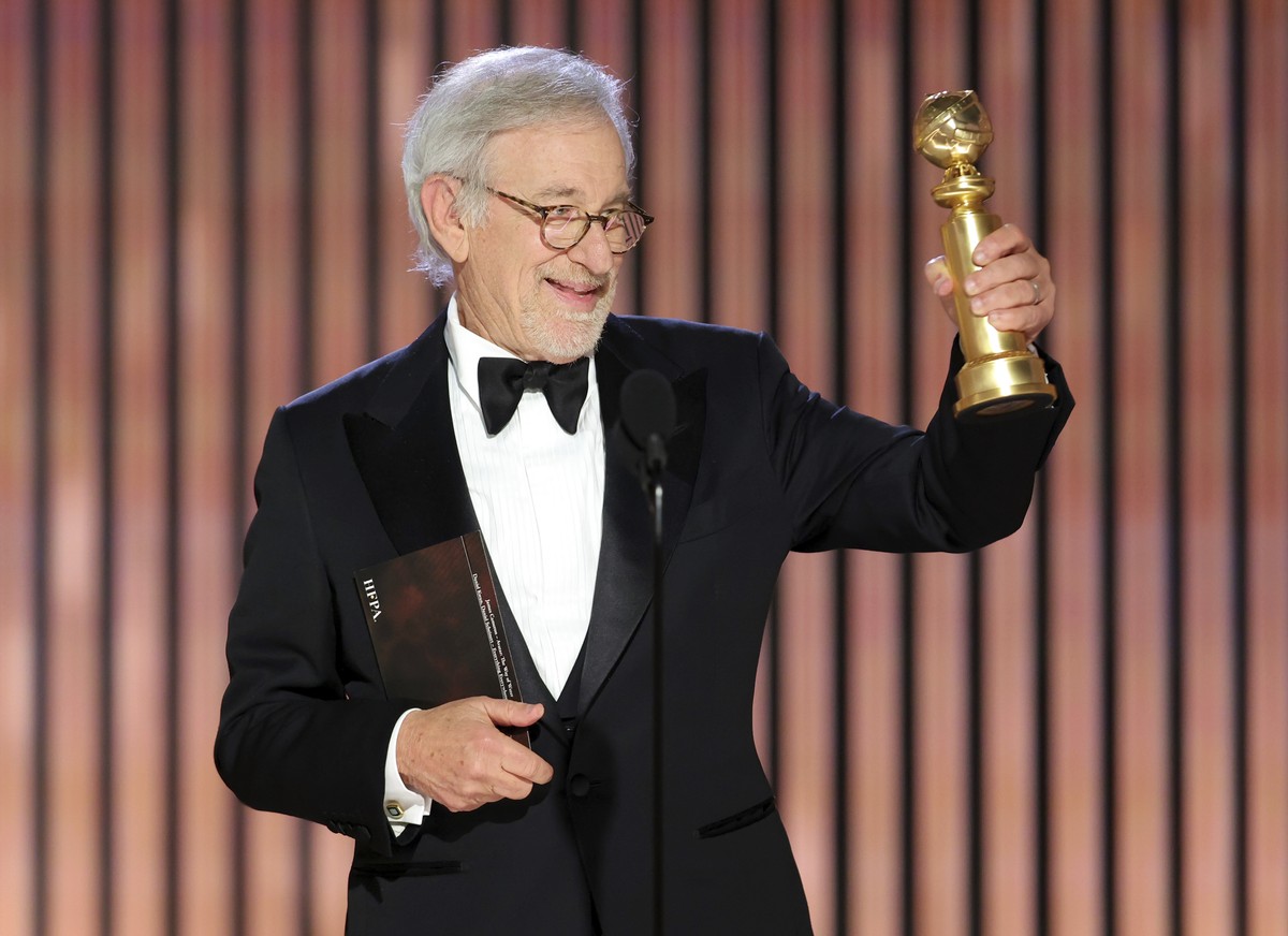 This image released by NBC shows Steven Spielberg accepting the Best Director award for "The Fabelmans" during the 80th Annual Golden Globe Awards at the Beverly Hilton Hotel on Tuesday, Jan ...