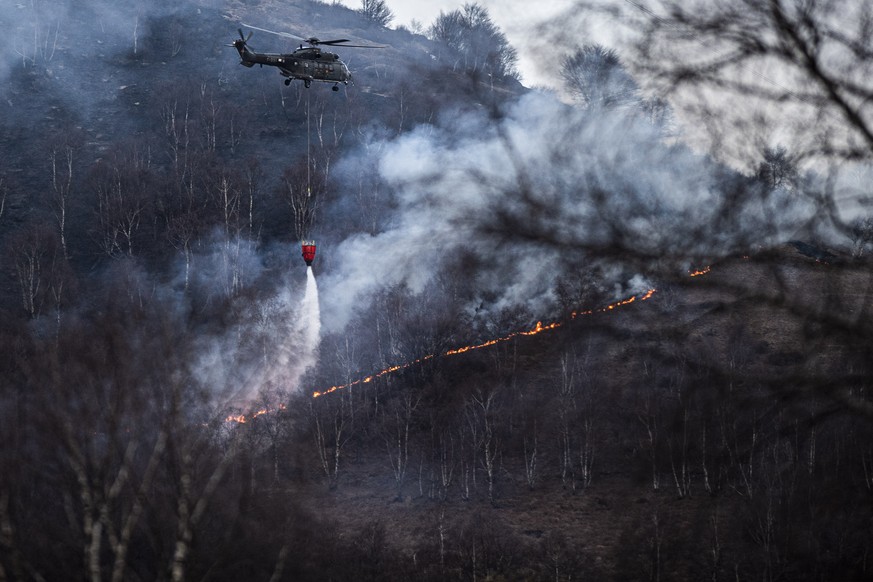 Ein Waldbrand wird von aufkommenden Winden in den Huegeln von Gambarogno bei Indemini am Lago Maggiore am Montag, 31. Januar 2022 befeuert. Das hat inzwischen auf einer Flaeche von sechs Hektaren erfa ...