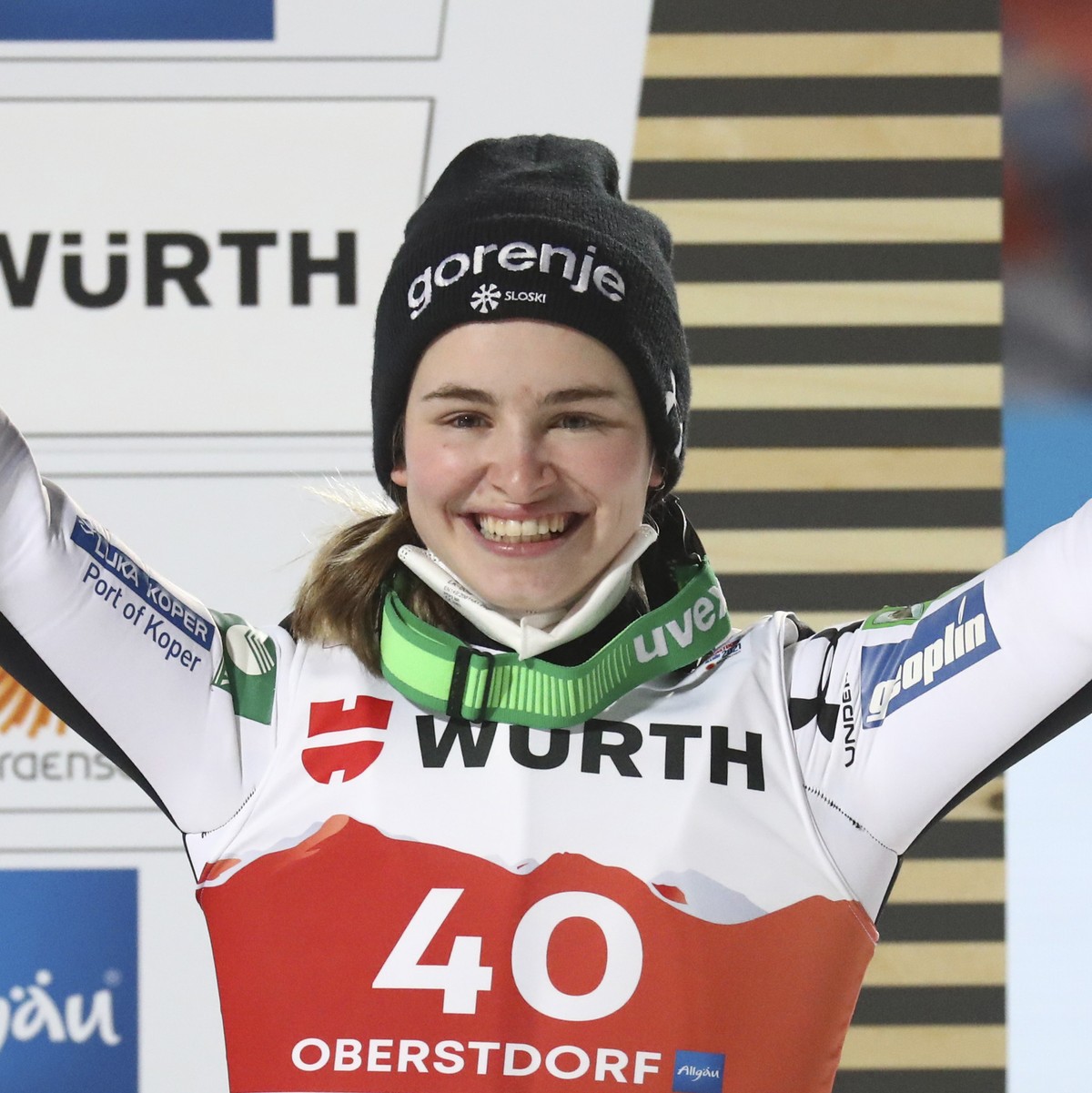 Slovenia's Nika Kriznar reacts on the podium after taking third place during the WSC Women's HS137 Large Hill jumping event at the FIS Nordic World Ski Championships in Oberstdorf, Germany,  ...