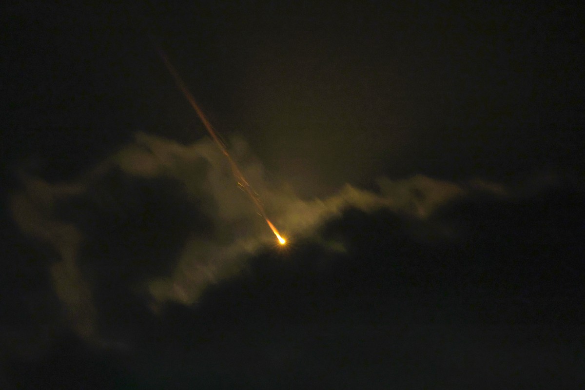 epa11636225 A projectile flies over the Upper Galilee, northern Israel, 01 October 2024. Israel's military stated that Iran has launched missiles towards the State of Israel on 01 October, and as ...