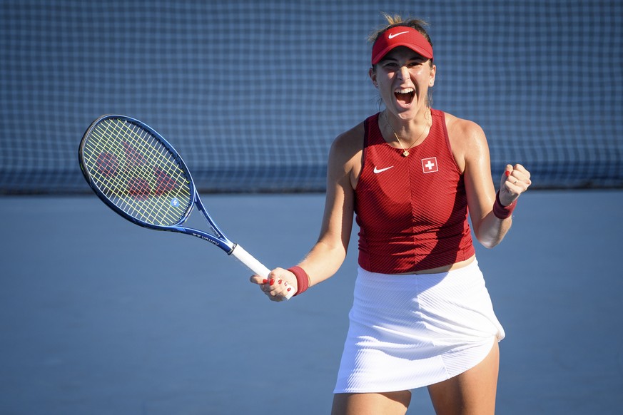 Belinda Bencic of Switzerland celebrates after winning against Barbora Krejcikova of Czech Republic during the women&#039;s singles tennis third round match at the 2020 Tokyo Summer Olympics at the Ar ...