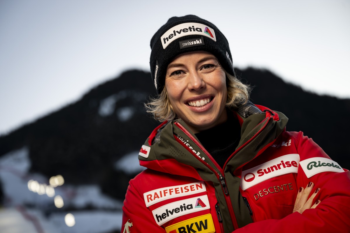 Skiracer Michelle Gisin of Switzerland poses during a press conference at the 2025 FIS Alpine World Ski Championships, in Saalbach-Hinterglemm, Austria, Monday, February 3, 2025. (KEYSTONE/Jean-Christ ...