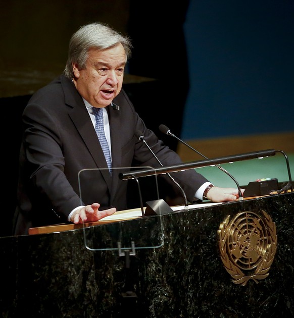 United Nations Secretary-General António Guterres delivers remarks during the United Nations Holocaust Memorial Ceremony, Friday Jan. 27, 2017 at U.N. headquarters in New York. (AP Photo/Bebeto Matthe ...