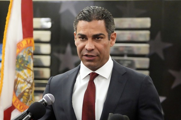 Miami Mayor Francis Suarez speaks during a news conference about the security planned for former President Donald Trump, who is set to appear at federal court Tuesday, in Miami. (AP Photo/Wilfredo Lee ...