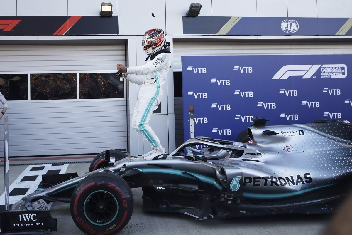Mercedes driver Lewis Hamilton of Britain celebrates after winning the Russian Formula one Grand Prix, at the 'Sochi Autodrom' Formula One circuit, in Sochi, Russia, Sunday, Sept. 29, 2019.  ...