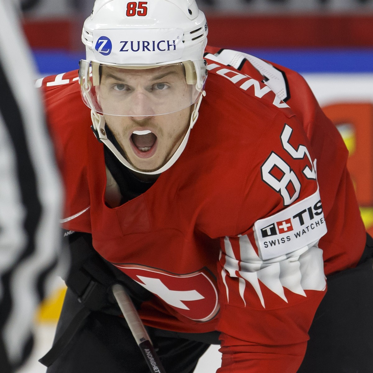 Switzerland's forward Sven Andrighetto reacts, during the IIHF 2018 World Championship preliminary round game between Switzerland and Austria, at the Royal Arena, in Copenhagen, Denmark, Saturday ...