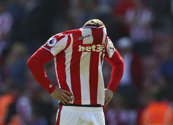 FILE - In this Saturday May 5, 2018 file photo, Stoke City&#039;s Xherdan Shaqiri reacts after Stoke City are relegated, following the English Premier League soccer match between Stoke City and Crysta ...