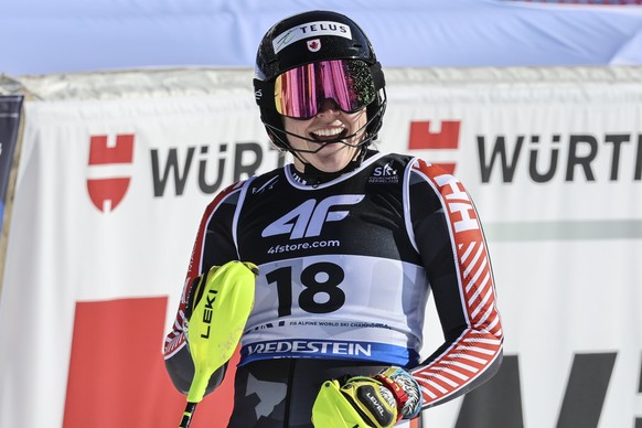 Canada&#039;s Laurence St-Germain gets to the finish area after completing the women&#039;s World Championship slalom, in Meribel, France, Saturday Feb. 18, 2023. (AP Photo/Marco Trovati)