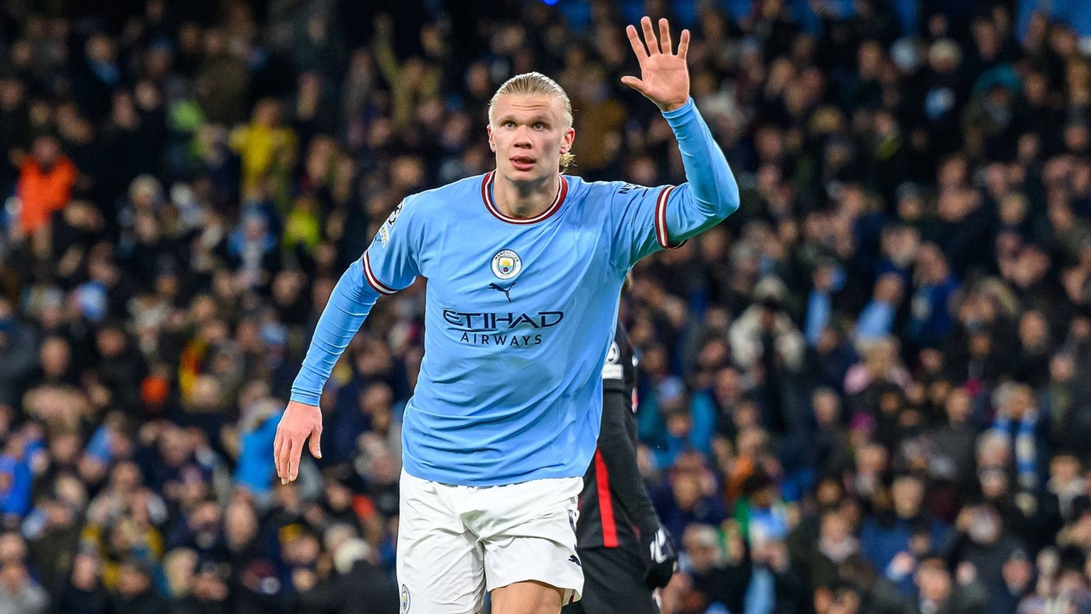 Manchester City v RB Leipzig Champions League 14/03/2023 GOAL 6-0 Erling Haaland of Manchester City celebrates after he scores his fifth goal the Champions League match between Manchester City and RB  ...