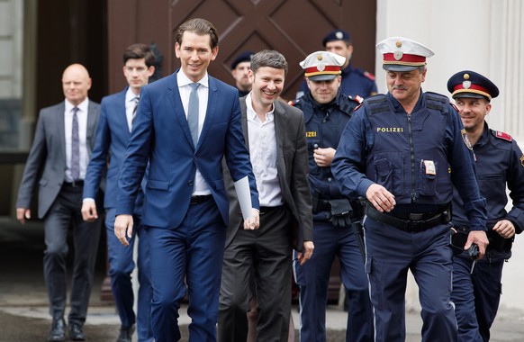 epa07588846 Austrian Chancellor Sebastian Kurz (3-L) arrives for a meeting with Austrian President Alexander Van der Bellen at the Presidential office in Vienna, Austria, 21 May 2019. Media reports on ...