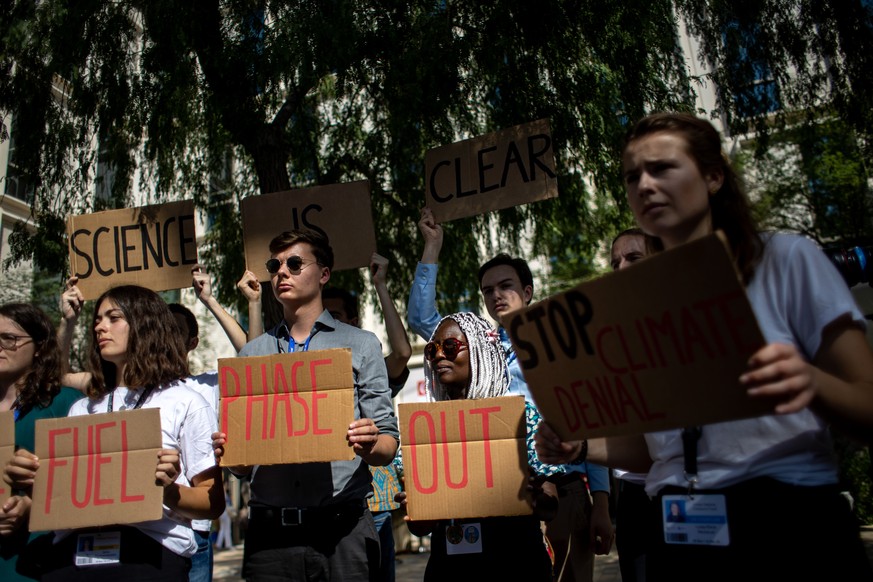 epa11010271 Members of Fridays For Future Germany protest at Expo City Dubai, the venue of the 2023 United Nations Climate Change Conference (COP28), in Dubai, United Arab Emirates, 04 December 2023.  ...