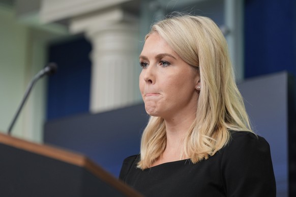 White House press secretary Karoline Leavitt listens to a reporter speak during a press conference in the James Brady Press Briefing Room at the White House, Thursday, June 19, 2025, in Washington. (A ...