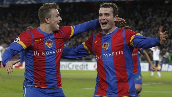Basel&#039;s Alex Frei, right, celebrates after scoring the 2-0 with teammate Xherdan Shaqiri during the UEFA Champions League Group C soccer match between Switzerland&#039;s FC Basel and England&#039 ...