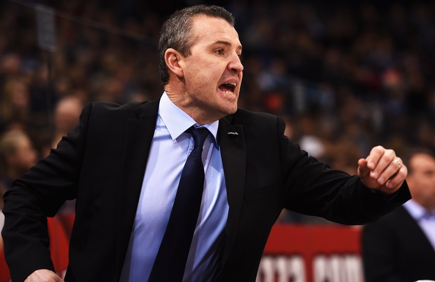 HAMBURG, GERMANY - JANUARY 18: Serge Aubin, head coach of Hamburg reacts during the DEL ice hockey game between Hamburg Freezers and Eisbaeren Berlin at O2 World on January 18, 2015 in Hamburg, German ...