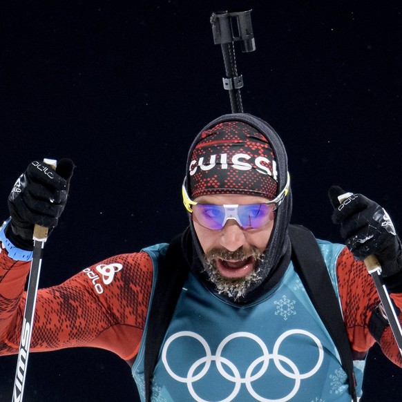 epa06514898 Benjamin Weger of Switzerland reacts during the men Biathlon 10 km sprint at the Alpensia Cross Country Centre during the PyeongChang 2018 Olympic Games, South Korea, 11 February 2018. EPA ...