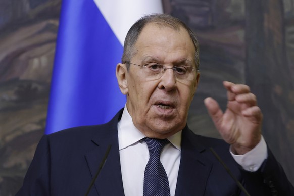 Russian Foreign Minister Sergey Lavrov attends a joint news conference with OSCE Secretary General Feridun Sinirlioglu after their talks in Moscow, Russia, Tuesday, March 11, 2025. (Maxim Shemetov/Poo ...