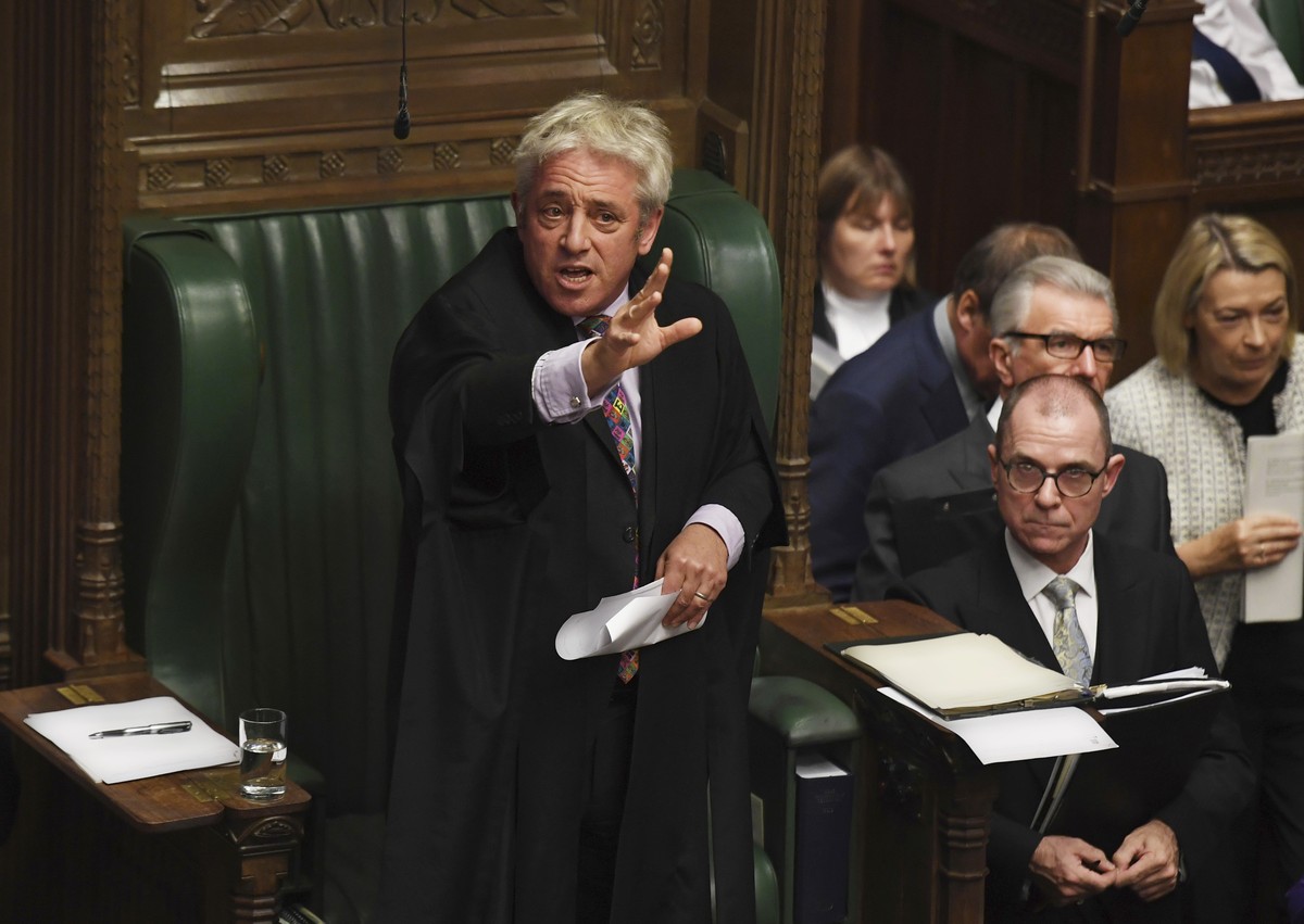 Speaker of Britain's House of Commons John Bercow gestures during a debate after giving a statement in the House of Commons in London Monday Oct. 21, 2019. The government request for a meaningful ...