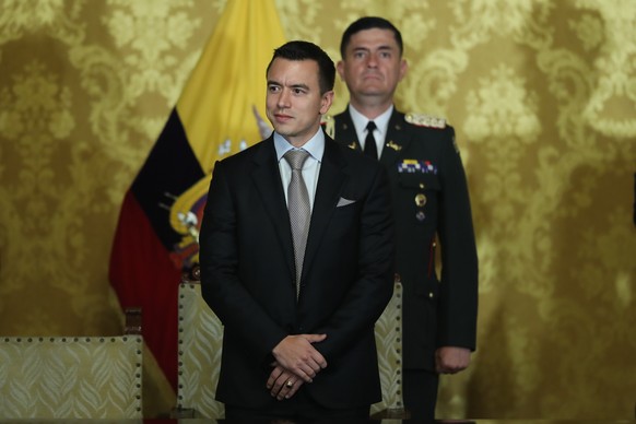 epa10991710 The President of Ecuador, Daniel Noboa, takes part in a formal ceremony at the Carondeletale Palace after being invested in the National Assembly (Parliament) as head of state in replaceme ...