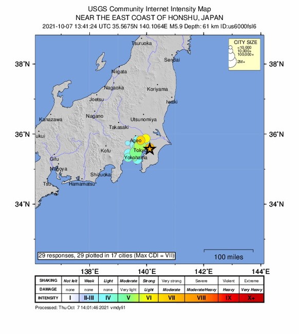 epa09511171 A handout shakemap made available by the United States Geological Survey (USGS) shows the location of a 5.9-magnitude earthquake hitting near the east coast of Honshu, Japan, 07 October 20 ...